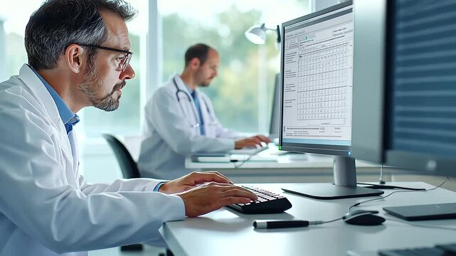 An Amsler Grid displayed on a computer screen in a medical office, with a patient seated nearby, focusing on the sight test during an eye examination