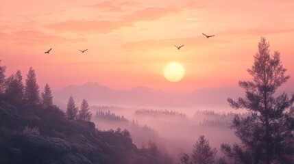 Fototapeta premium Misty sunrise over a serene landscape with birds soaring in the early morning sky