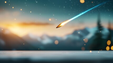 Naklejka premium Breathtaking comet with a brilliant blue tail soars over a majestic snowy mountain range under a clear and mystical night sky creating a serene and celestial scene with copy space for text