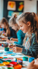 Fototapeta premium white Girl Joyfully Painting During Art Class with Bright Colors, Surrounded by Creative Children Engaged in Hands-On Learning and Artistic Expression in a Classroom Setting