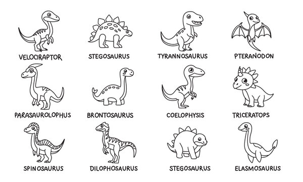 Big collection of cute Dinosaurs with name in doodle style. Hand drawn vector art.