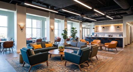 Open lounge with communal seating, natural lighting, and decor for a relaxed workspace environment