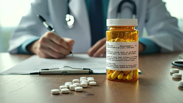 A doctor sitting at a desk with a hidden stash of fake prescription bottles and fraudulent documents, hinting at medical malpractice