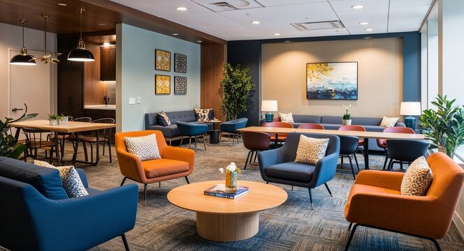 Open lounge with communal seating, natural lighting, and decor for a relaxed workspace environment