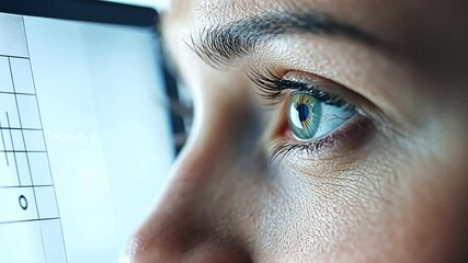 A close-up of a patient examining an Amsler Grid on a tablet screen, with focus on the grid and the patient’s eyes, highlighting a sight test
