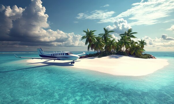Private plane landed on tropical island beach.
