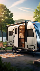 Sleek Silver Modern Travel Trailer in Scenic Camping Environment