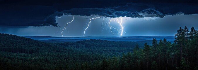 Dramatic lightning illuminates a dark stormy sky over a lush forest landscape.