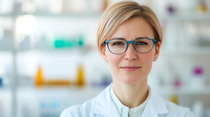 Fototapeta premium A confident female scientist in a lab coat and glasses stands in a bright laboratory, ready to conduct experiments with precision and dedication.
