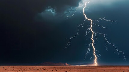 Dramatic lightning strike over desert landscape, dark clouds looming above.