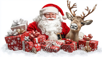 santa claus with reindeer and gifts