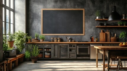 Contemporary kitchen with an empty chalkboard on the wall