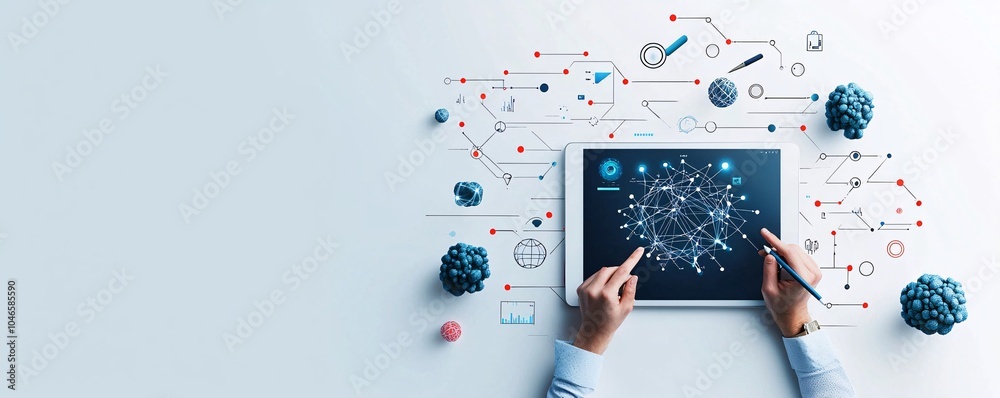 Poster an ai-driven tool assists an artist in creating a complex geometric design on a tablet, with icons r