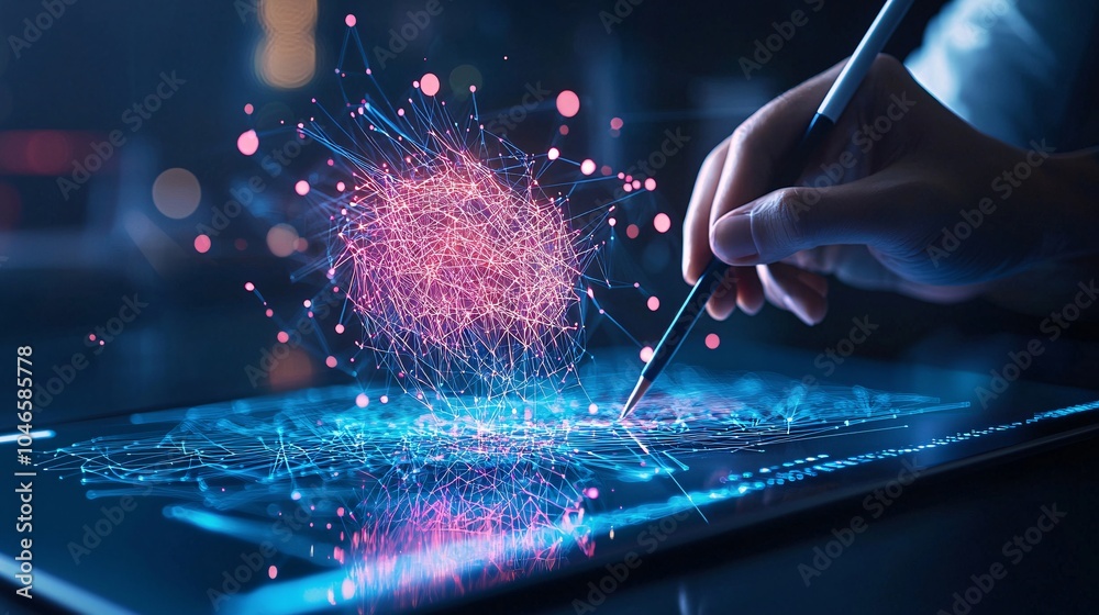 Poster a digital artist uses a tablet with ai software to create a vibrant piece of abstract art, with neur