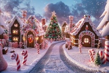 A Christmas Village of Gingerbread Houses Decorated with Candy Canes and Snow