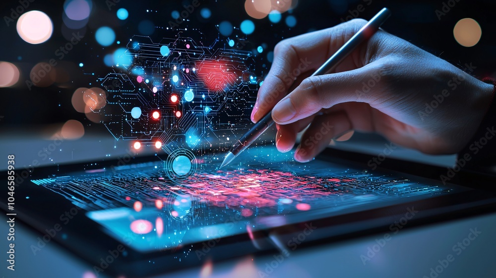 Poster a digital artist uses a tablet with ai software to create a vibrant piece of abstract art, with neur