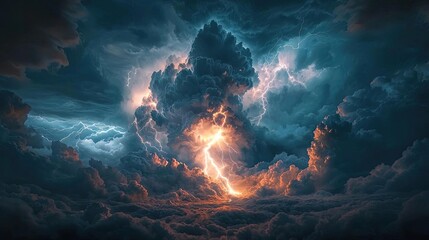 Dramatic storm clouds with lightning against a dark sky, nature's power exhibited.