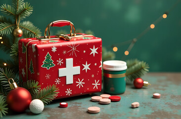 A Christmas-themed medical kit with red and green wrapping, copyspace 
