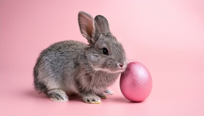 Obraz premium 灰色の赤ちゃんウサギとイースターエッグ（gray rabbit baby with painted egg） 