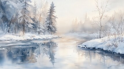 Winter forest river landscape with snow and ice