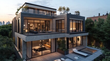 Fototapeta premium Contemporary urban townhouse with rooftop terrace.