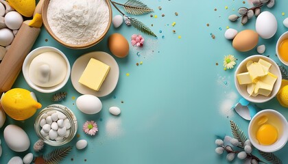 easter eggs in a basket on blue background,  baking essentials like sugar, butter, yogurt, eggs, and flour arranged from a top view, with empty space for text