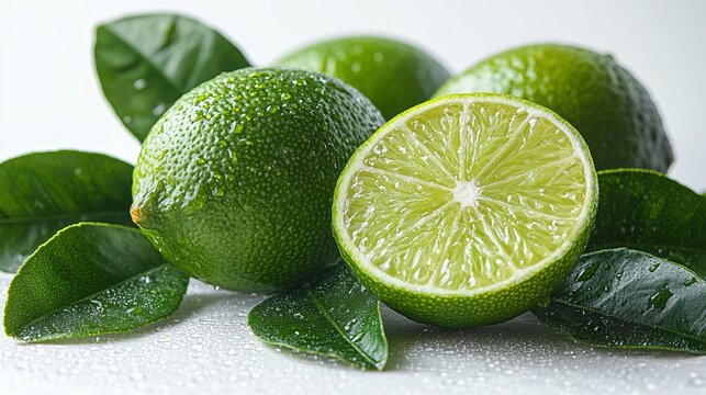 Bright green limes with glossy leaves sit on a fresh, dewy surface, glistening under light, offering a refreshing and tantalizing glimpse of nature's bounty.