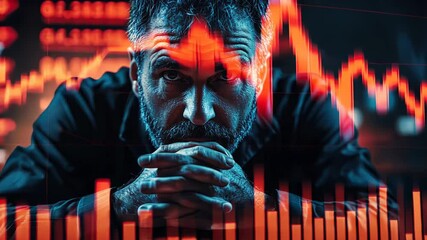 A man intensely examines stock market data as graphs illuminate the dark office, showcasing the urgency of financial decisions after hours
