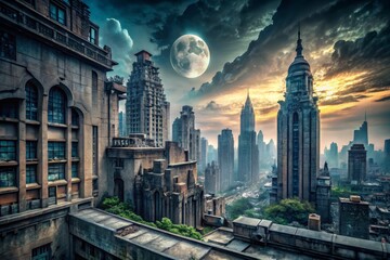 Obraz premium Hauntingly Beautiful Abandoned Cityscape Featuring Crumbling Art Deco Skyscrapers in Twilight Glow