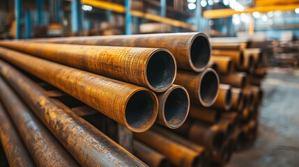 A collection of rusty industrial pipes stacked in a warehouse setting, showcasing texture and perspective unique to industrial landscapes and materials.