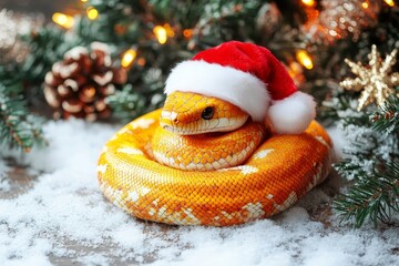 Cute Snake Wearing Santa Hat. Albino Snake With Orange Skin On Background Of Christmas Lights