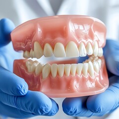 Obraz premium A close-up image of a dental model representing human teeth, held by hands wearing blue gloves, signifying dental care, hygiene, and professional precision.