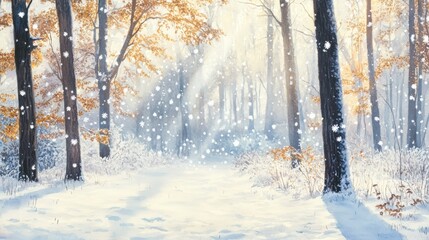 Fototapeta premium A serene winter forest scene with sun rays filtering through snow-covered trees, creating a peaceful atmosphere on a cold morning in December