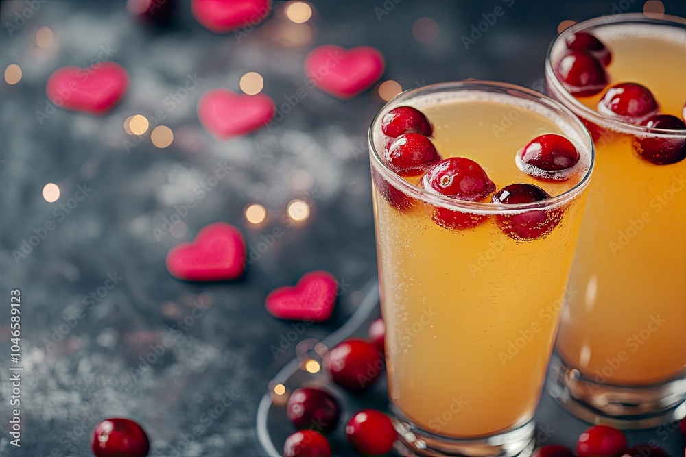 Wall mural festive alcoholic cocktail mimosa with cranberries in glasses and love hearts, valentine's day conce