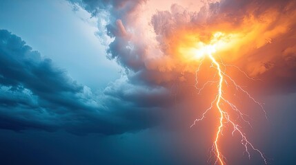 Fototapeta premium Lightning striking through dramatic storm clouds in a vibrant sky.
