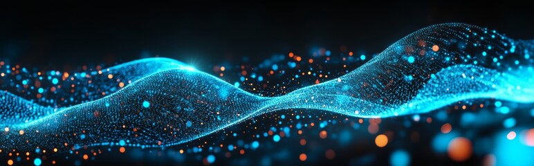 Abstract big data and cybersecurity glowing light bokeh background. Neural networks and artificial intelligence. Information waves and global database. Abstract technological illustration.