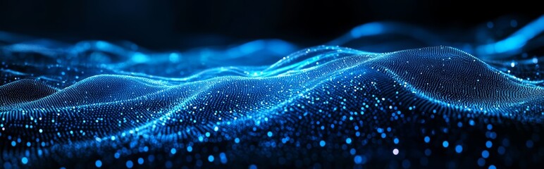 Abstract big data and cybersecurity glowing background. Neural networks and artificial intelligence. Information waves and global database. Abstract technological illustration.