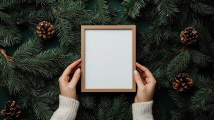 A cozy scene featuring hands holding a blank frame surrounded by evergreen foliage and pine cones, perfect for holiday-themed decor.