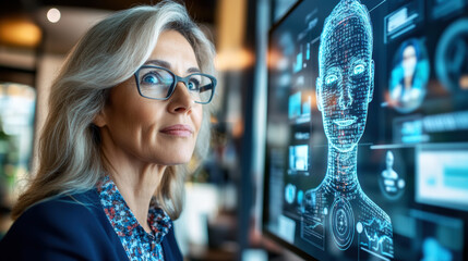 Senior Professional Analyzing AI Data on Futuristic Interface, Mature woman with glasses working with advanced AI data on a futuristic digital interface, focusing on technology and innovation.



