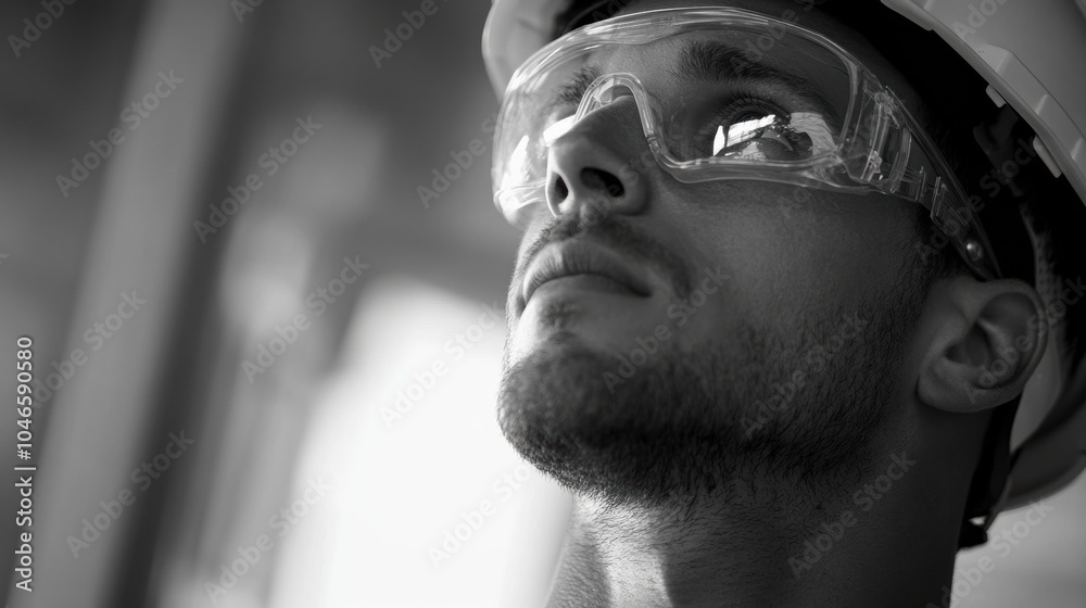 Poster a construction worker, equipped with safety glasses and a hard hat, looks up thoughtfully while moni
