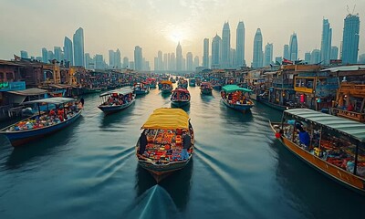 Scenic view of boats on a river with a city skyline backdrop.