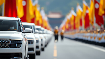Obraz premium A row of luxury vehicles on a ceremonial road, lined with vibrant flags, showcasing an event of importance in a bustling environment.