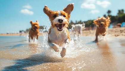 Three dogs running on the beach are enjoying summer vacation