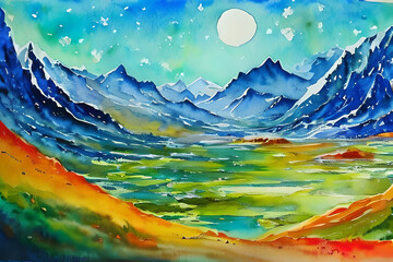 Vibrant watercolor painting of a breathtaking mountain landscape with vivid green valleys and majestic blue peaks under a radiant sun, capturing the beauty and tranquility of the natural environment