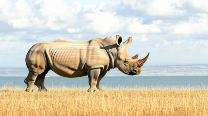 Fototapeta premium White rhinoceros walking on dry grassland in front of lake nakuru