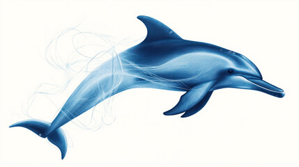 Fototapeta premium Artistic depiction of a dolphin with flowing lines in shades of blue on a white background, illustrating motion and fluidity in a minimalistic style.
