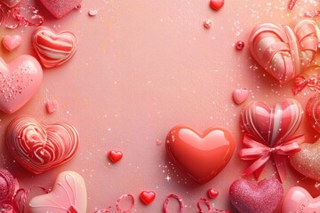 Fototapeta premium Happy Saint Valentine's day background, horizontal banner with hearts and holiday objects on pink background. Place for text with generative ai