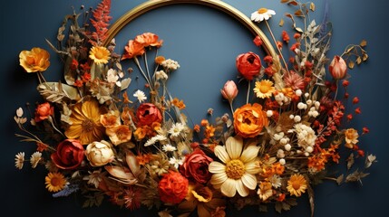 Dried Flower Wreath with Gold Circle on Navy Blue Background