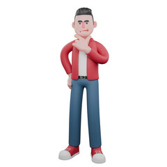 Cartoon Male Singer Character.  A male singer is standing while holding his chin..  3D Music Icon