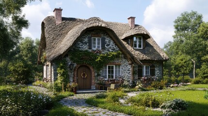 Fototapeta premium Cozy cottage with a thatched roof.